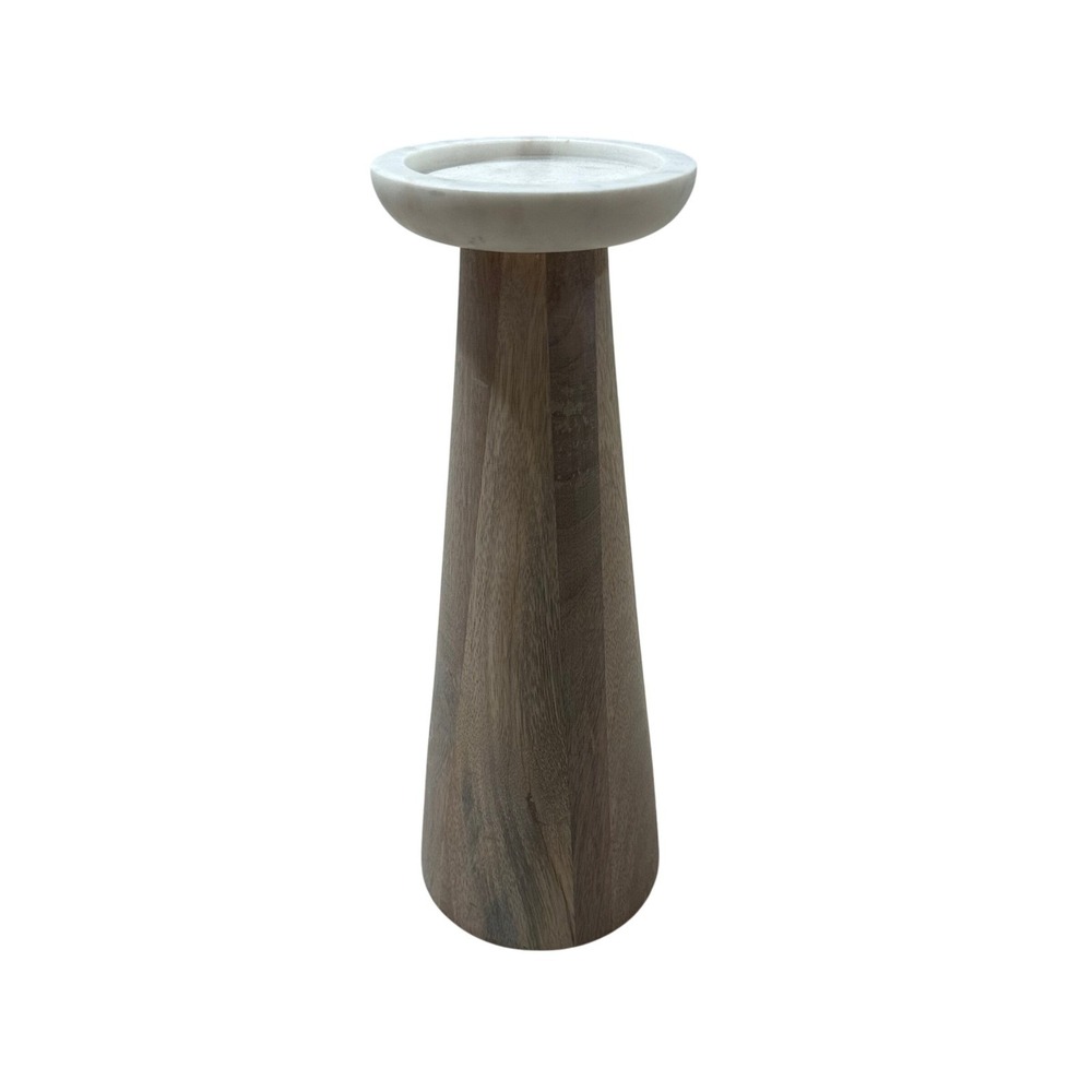Modern Tapered Wood and White Marble Pillar Candle Holder 12.5 Inch Decor